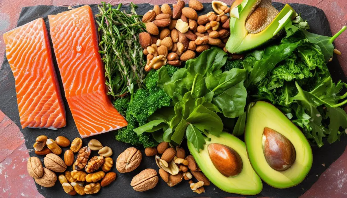 A colorful array of hair-nourishing foods including salmon, avocados, nuts, and leafy greens