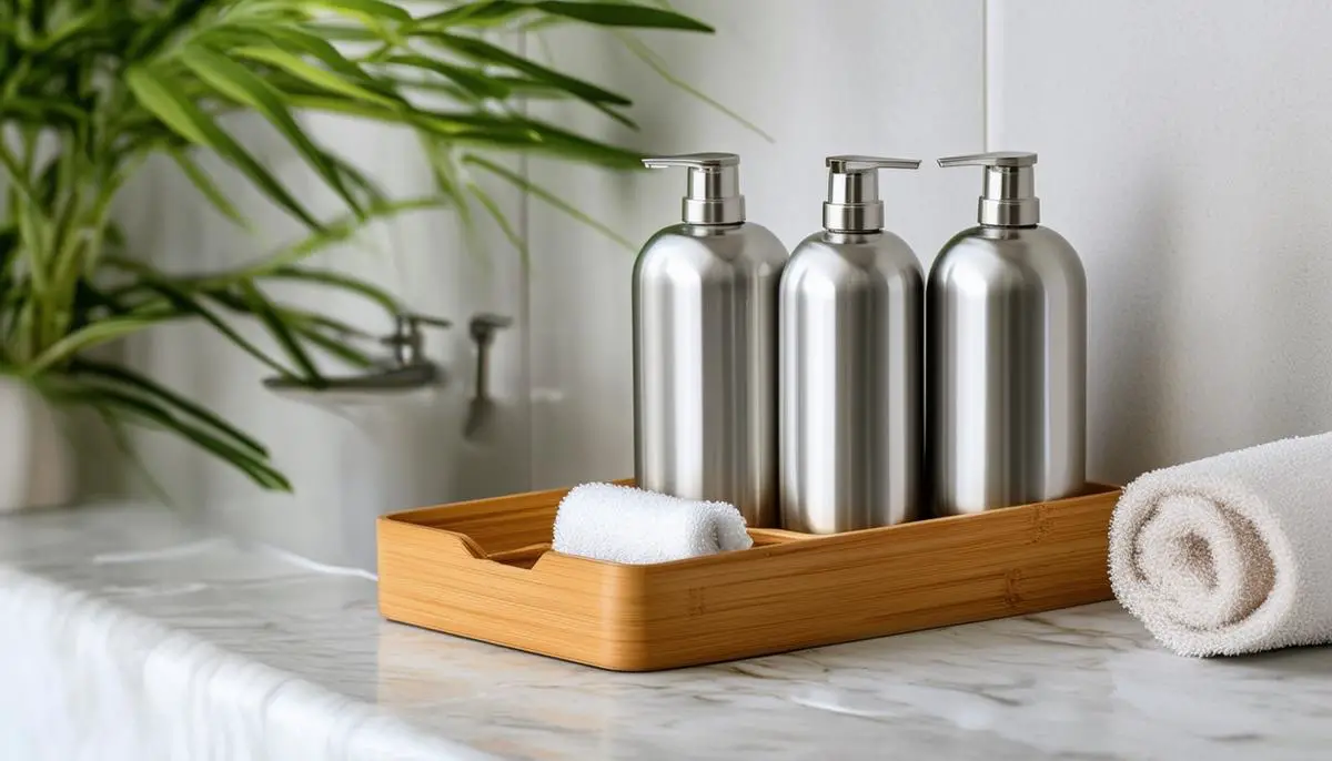 Refillable aluminum bottles for shampoo and conditioner arranged next to a bamboo shower caddy