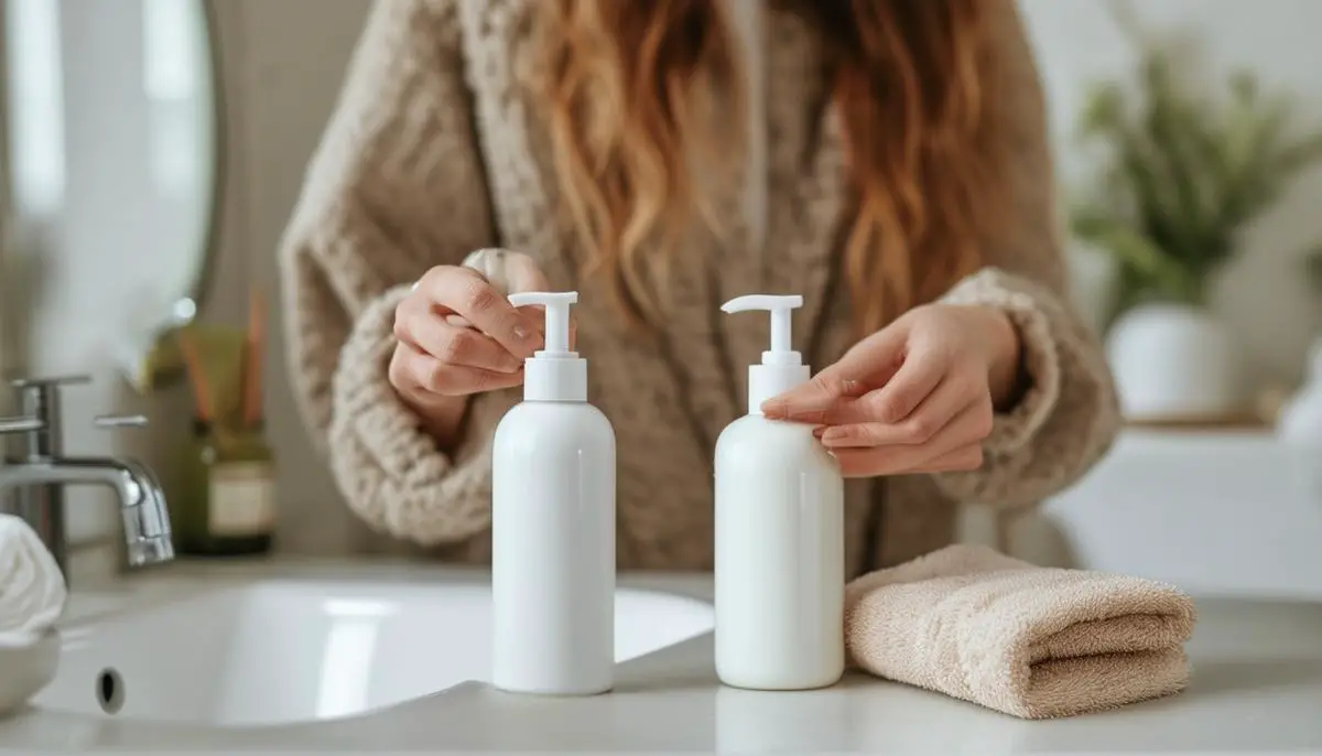 A person using eco-friendly hair care products in a bathroom setting, showcasing a zero-waste routine