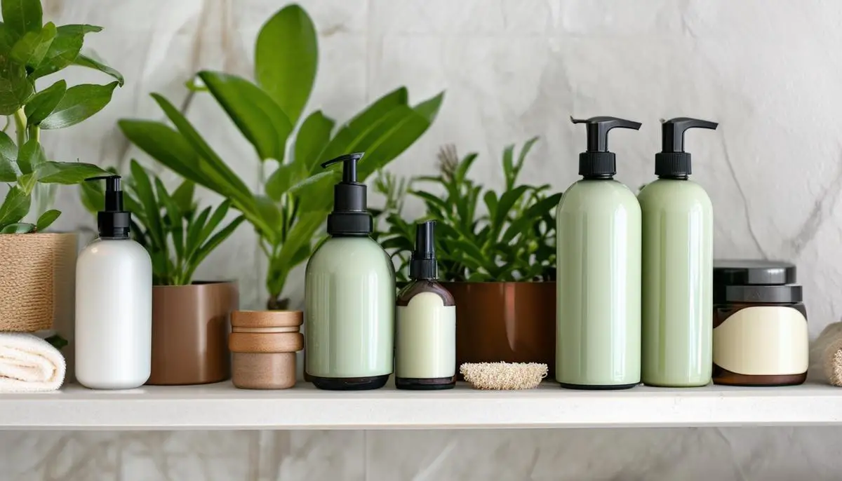 A selection of multi-use hair care products in sustainable packaging arranged on a bathroom shelf with plants