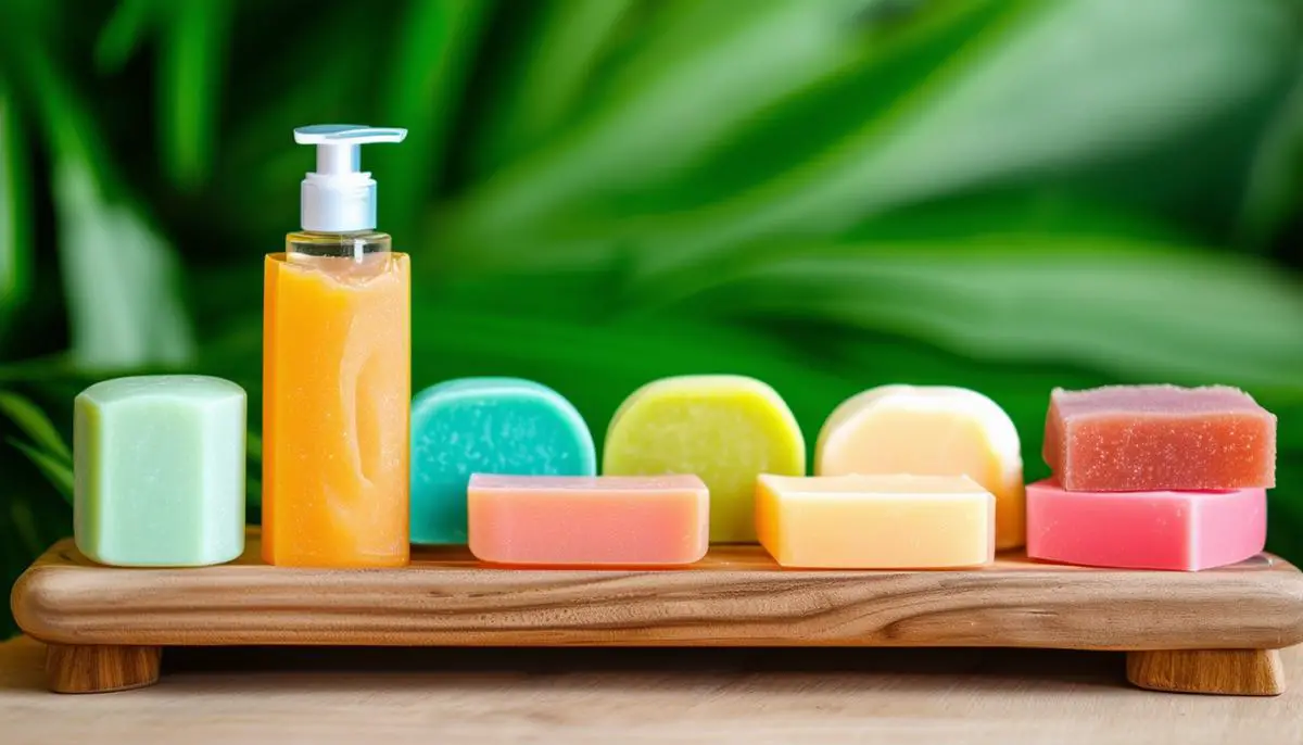 A variety of colorful shampoo and conditioner bars displayed on a wooden soap dish with a lush green background