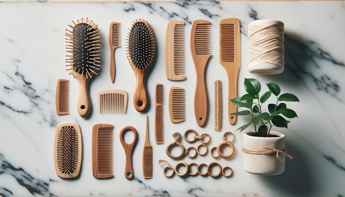 A collection of eco-friendly hair tools including wooden brushes, combs, and biodegradable hair ties arranged on a marble countertop