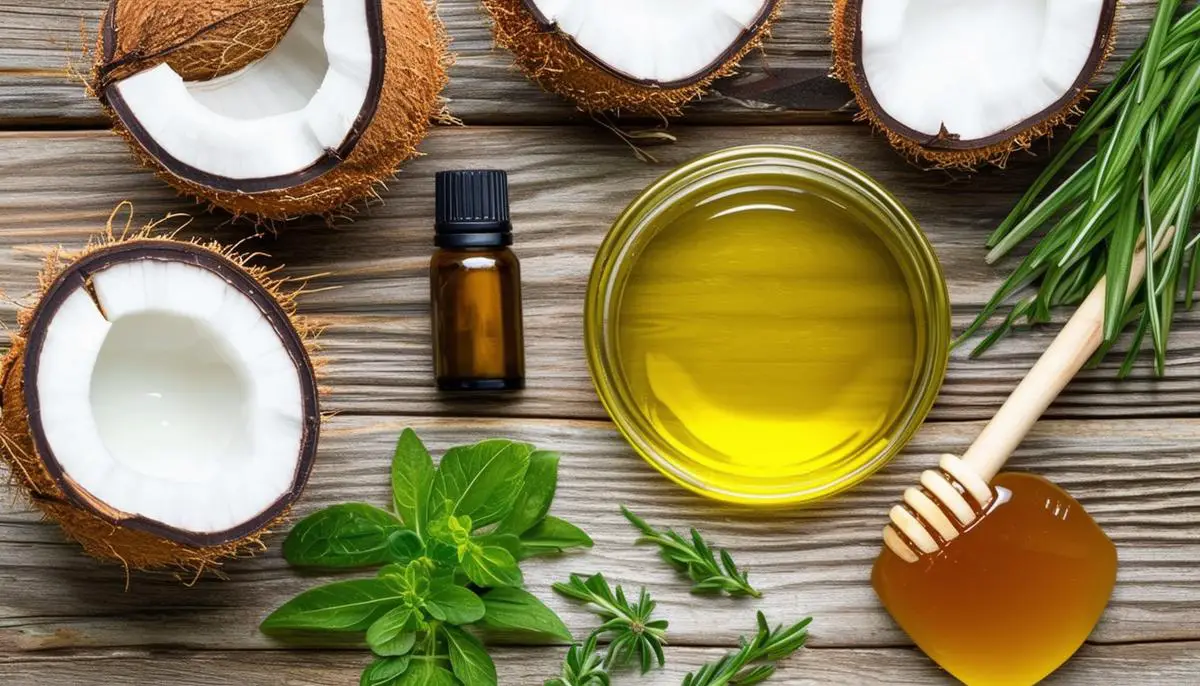 Natural ingredients for DIY hair care including coconut oil, honey, essential oils, and fresh herbs spread out on a rustic wooden table