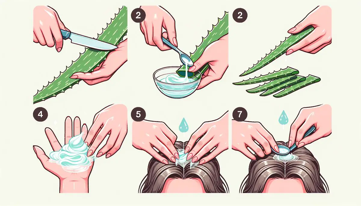 A series of hands demonstrating aloe vera gel extraction and application to hair