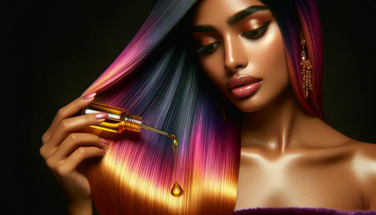 A woman with vibrant color-treated hair applying argan oil to her ends