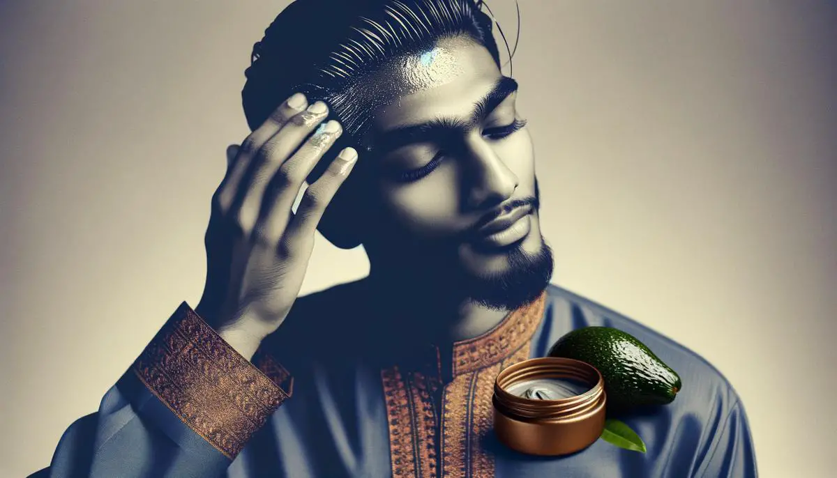 A person applying an avocado oil hair mask, with fresh avocados in the background