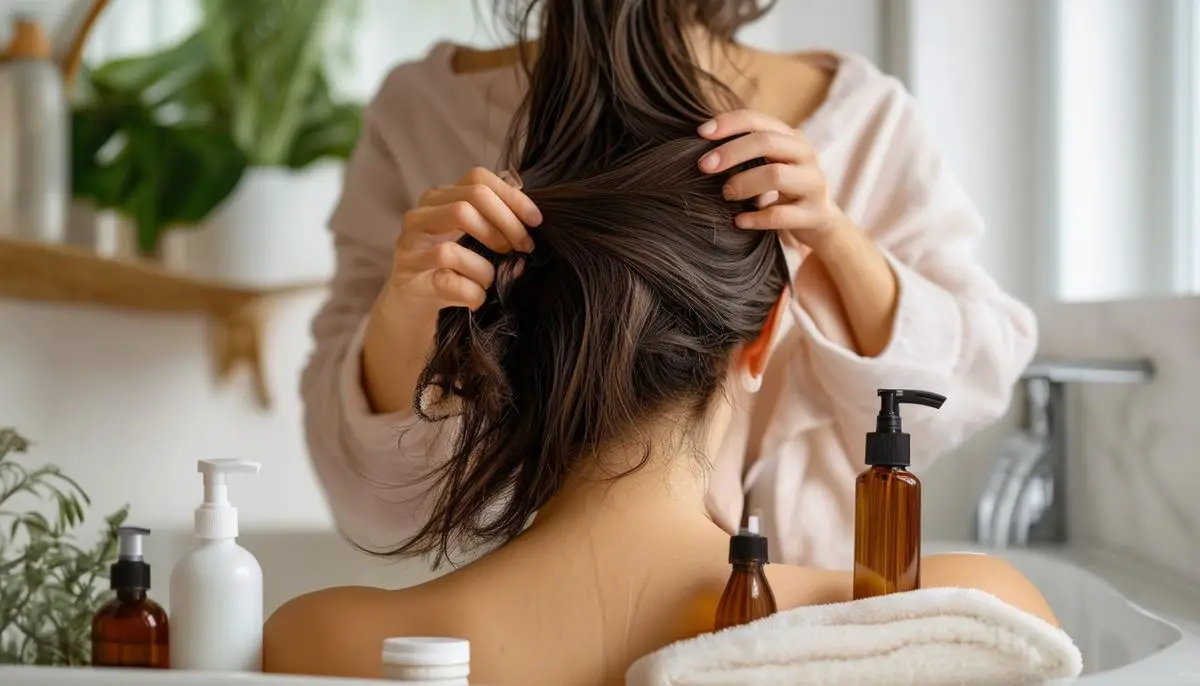 Person organizing their hair care routine with both gentle cleansing oils and traditional shampoos