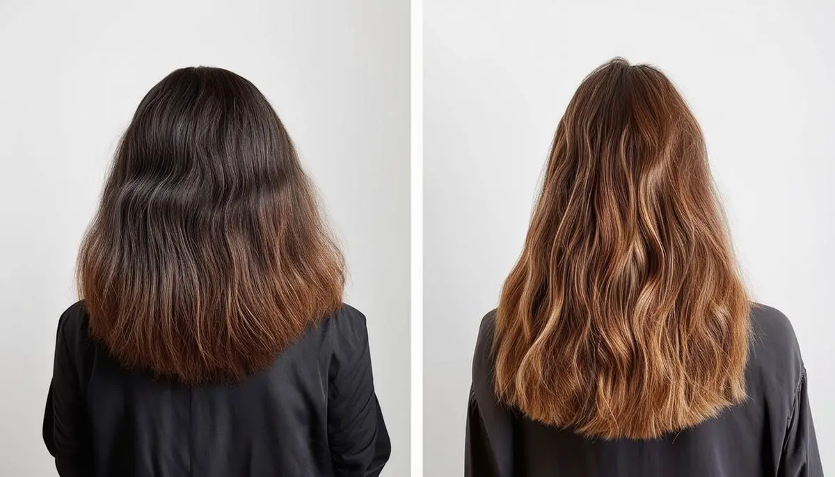 Side-by-side comparison of damaged hair before and healthy hair after protein treatment