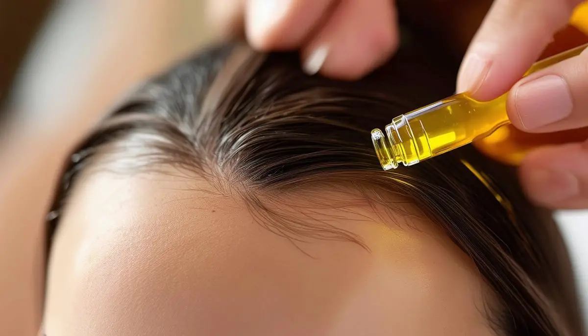 A person sectioning their hair and applying castor oil to their scalp using a dropper