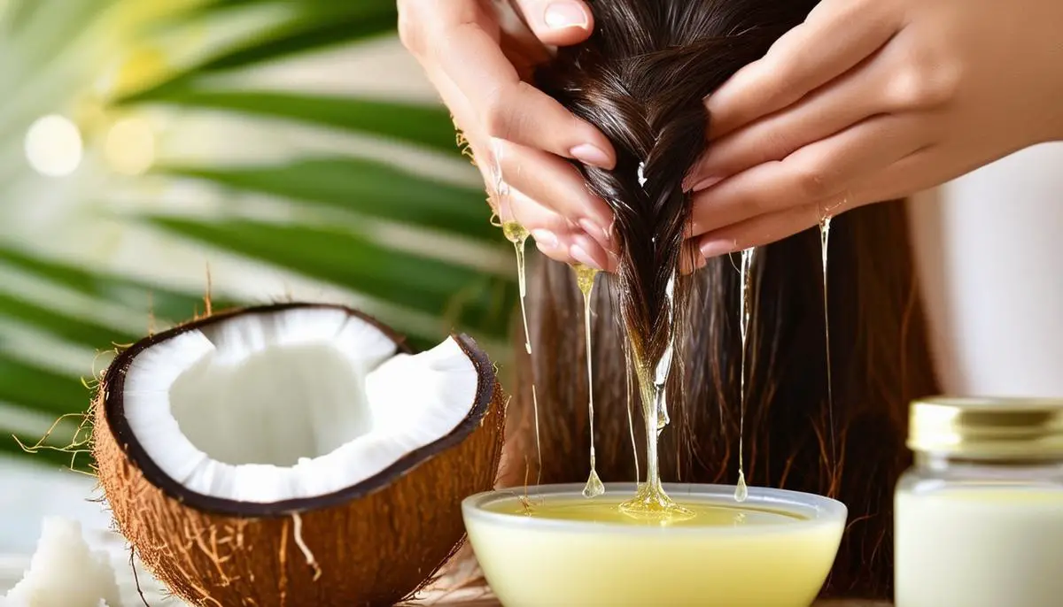 A woman applying melted coconut oil to her hair, with a coconut and jar of coconut oil in the background