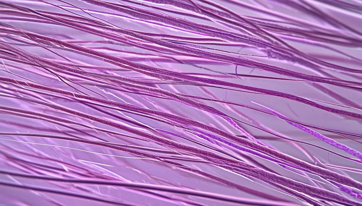 A microscopic view of hair strands showing collagen's role in hair structure