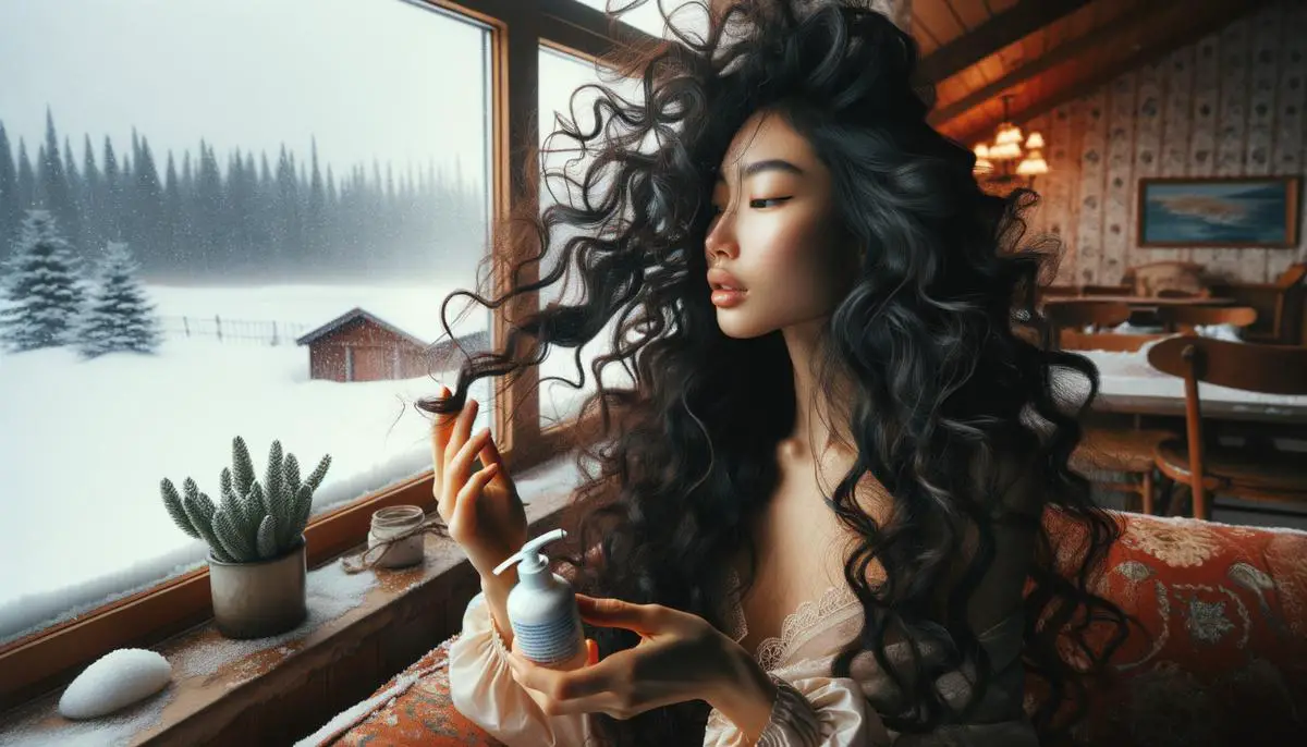 A woman with beautiful, well-defined curly hair applying a moisturizing product to her hair, with winter scenery visible through a window in the background