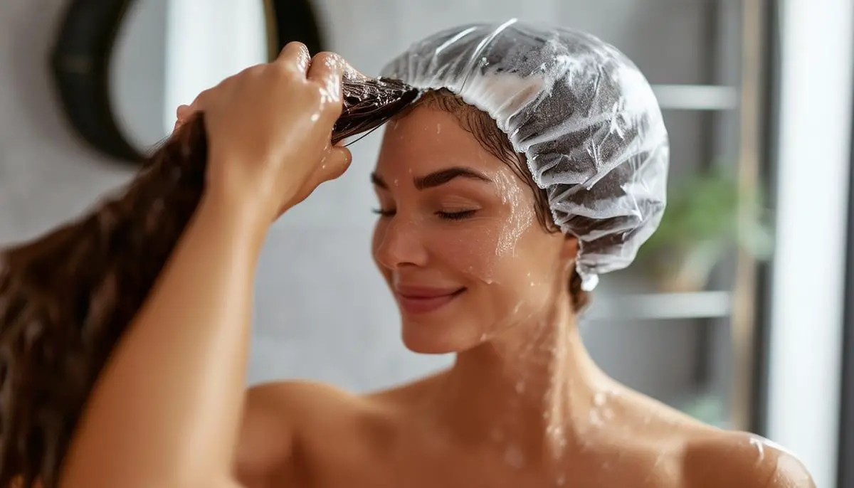 A woman applying deep conditioner to her sectioned hair, wearing a shower cap