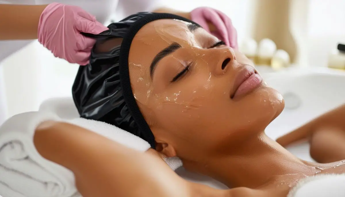 A woman relaxing with a deep conditioning treatment, using a heat cap