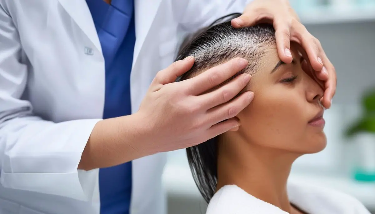 A dermatologist consulting with a patient about scalp and hair health