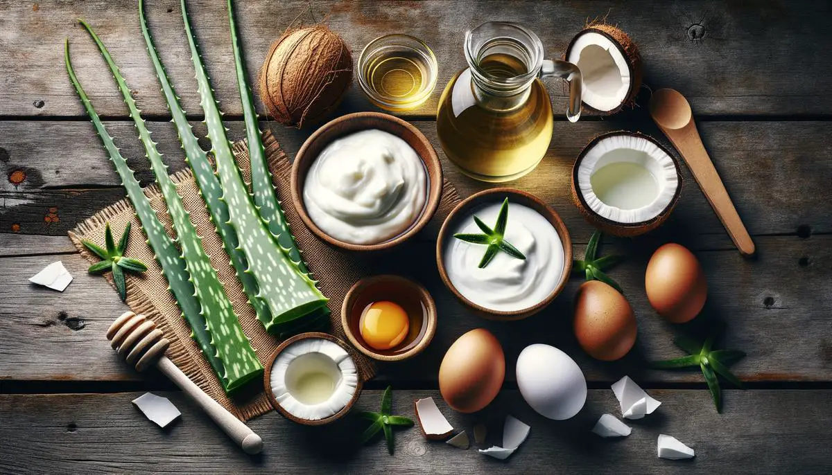 Ingredients for DIY aloe vera hair masks laid out on a wooden surface