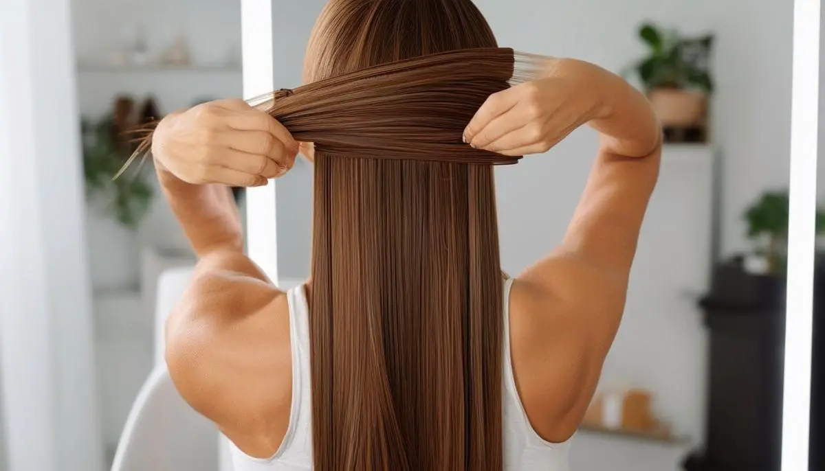 Woman demonstrating the elastic band technique on her long hair