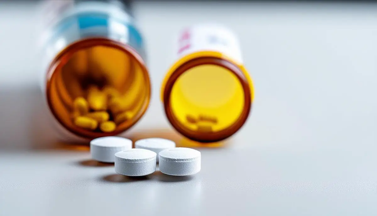 A prescription bottle of Finasteride tablets next to a few pills on a clean surface