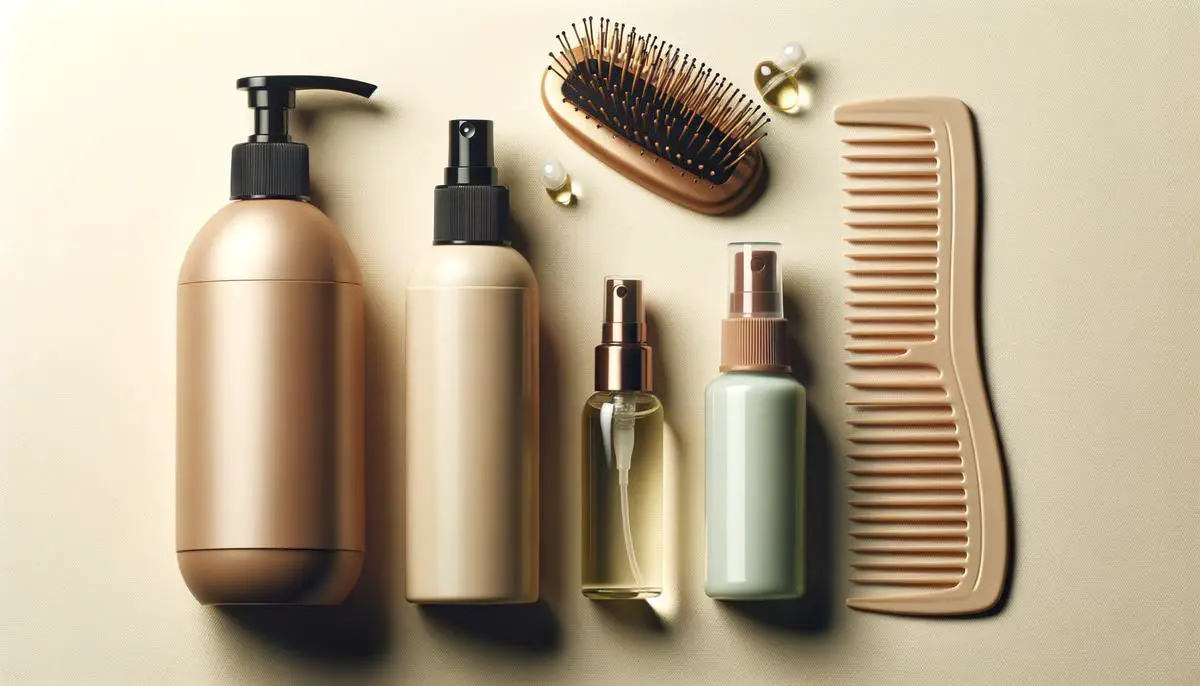 Volumizing hair care products for fine hair, including lightweight shampoo, root-lifting spray, and wide-tooth comb