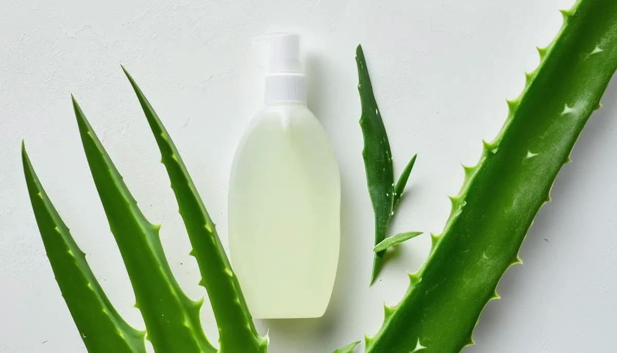 Fresh aloe vera leaf next to various store-bought aloe vera hair products