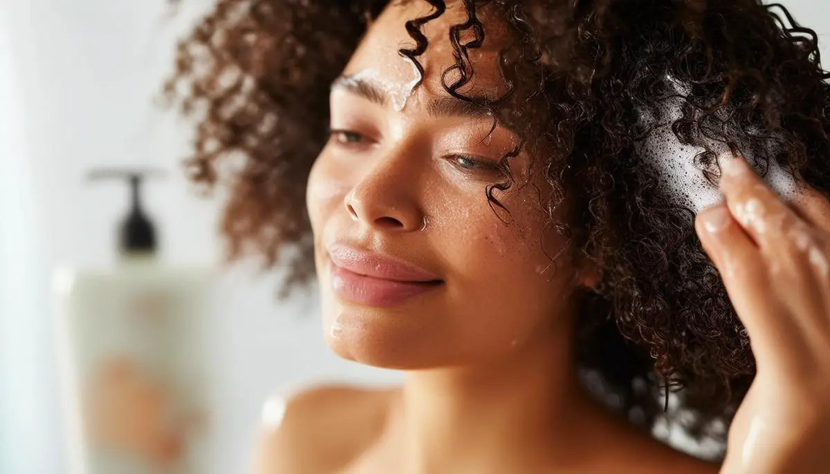 Woman applying gentle cleansing oil to her curly hair