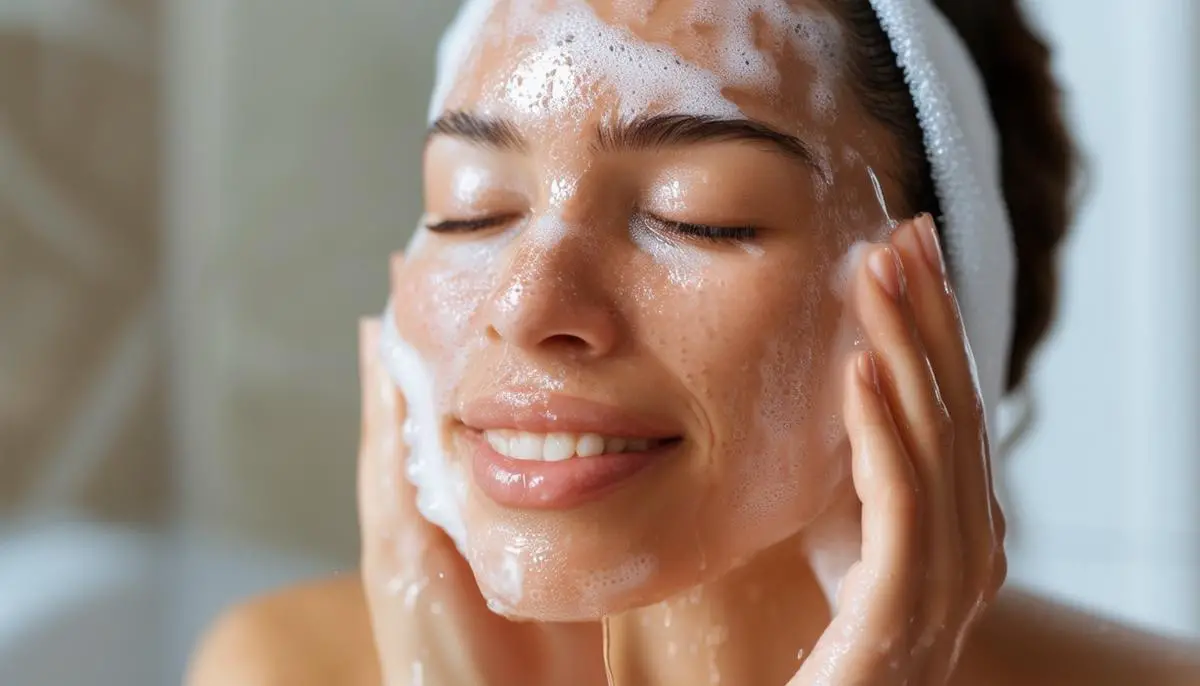 A person gently washing their face with a mild cleanser, using lukewarm water