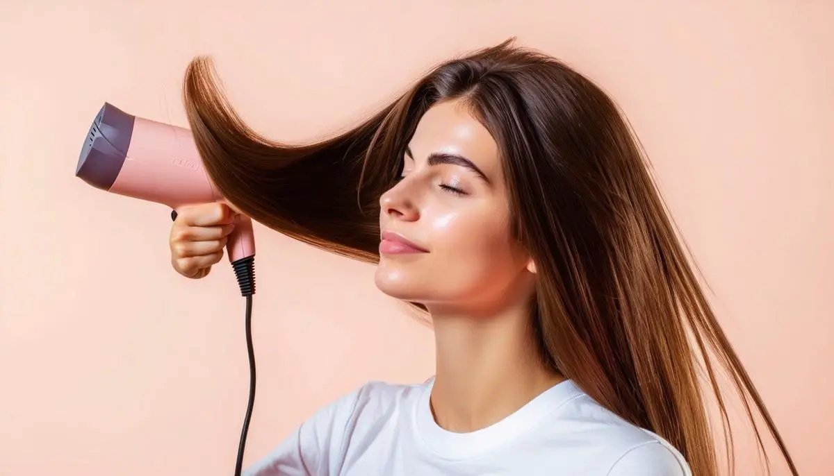 Woman using a hair dryer on low heat setting, moving it constantly around her head