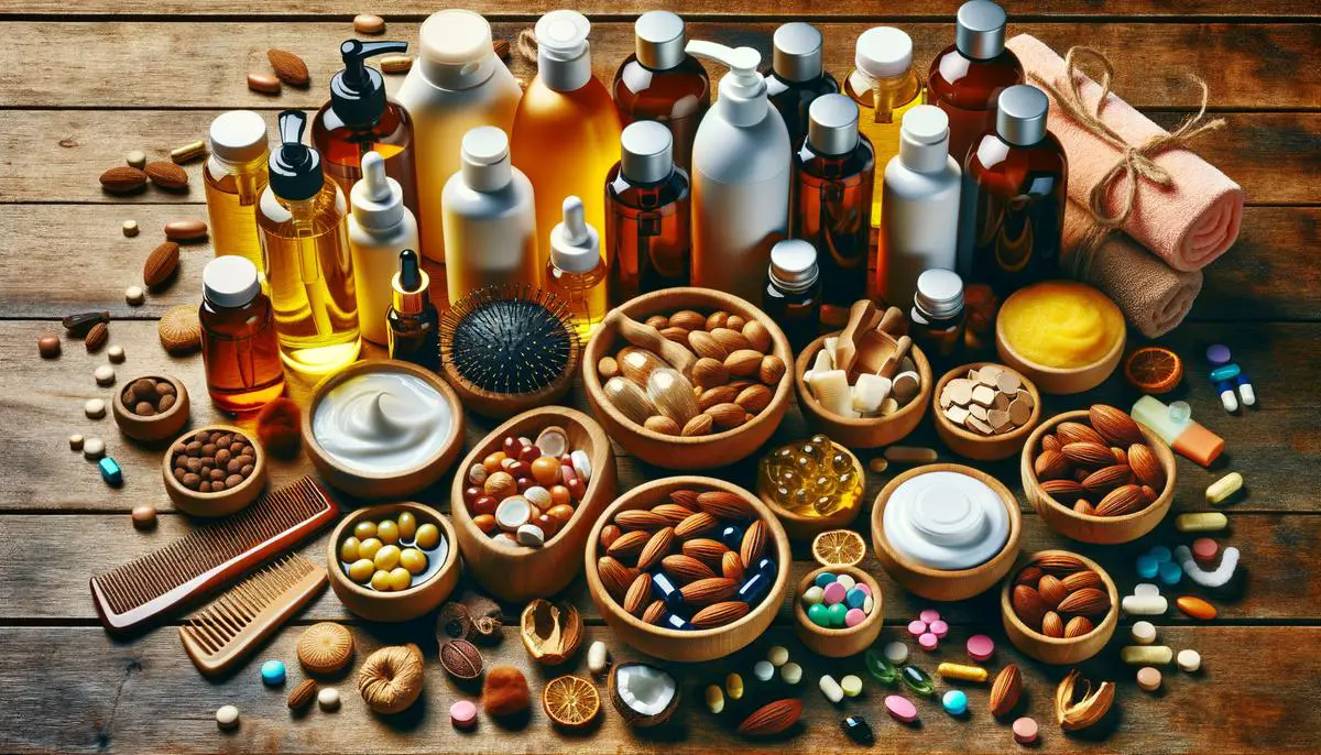 An array of hair care products and supplements arranged on a wooden surface