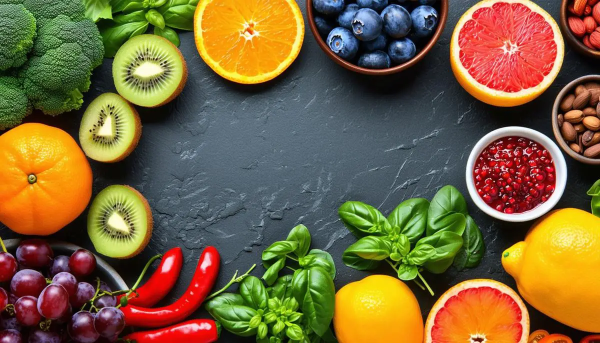 A colorful spread of foods rich in nutrients essential for hair health