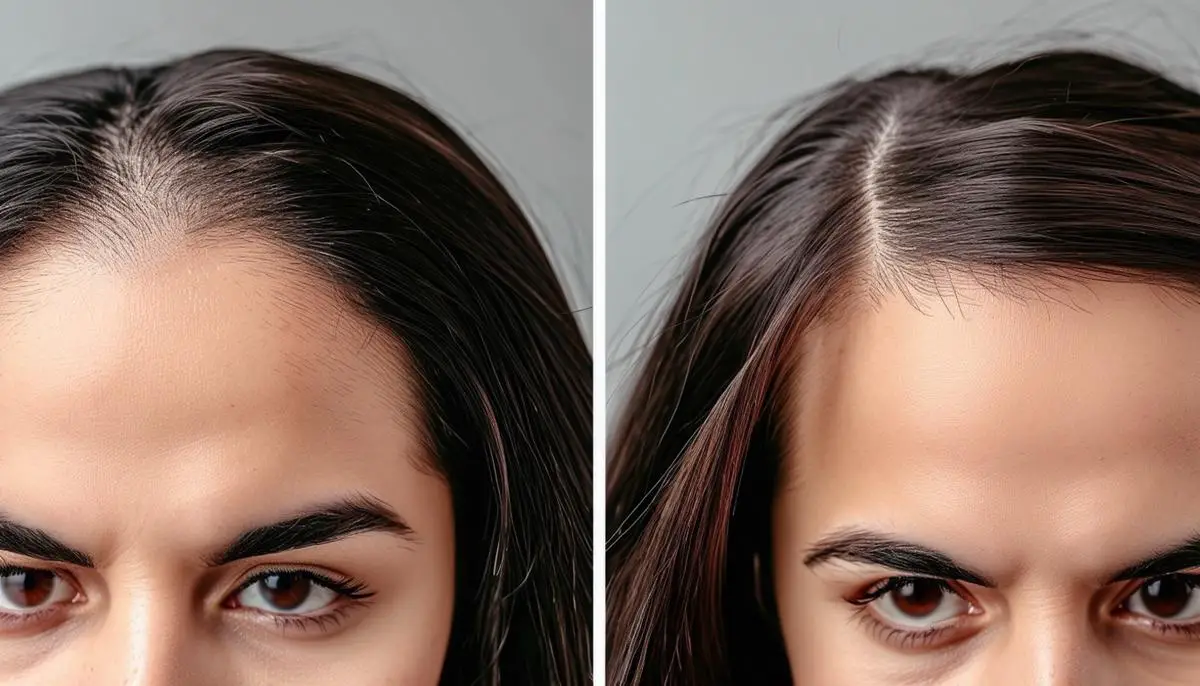 A side-by-side comparison of hair thickness before and after using a scalp massager