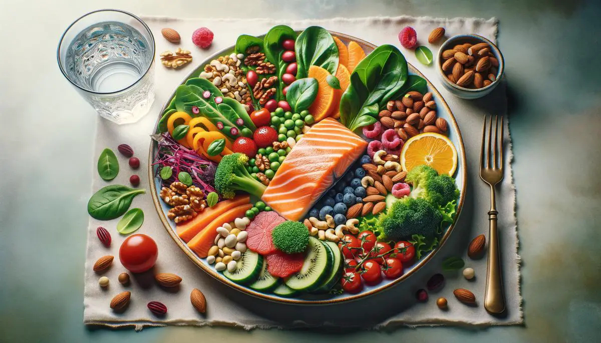 A colorful plate of foods beneficial for hair health, including leafy greens, salmon, and nuts