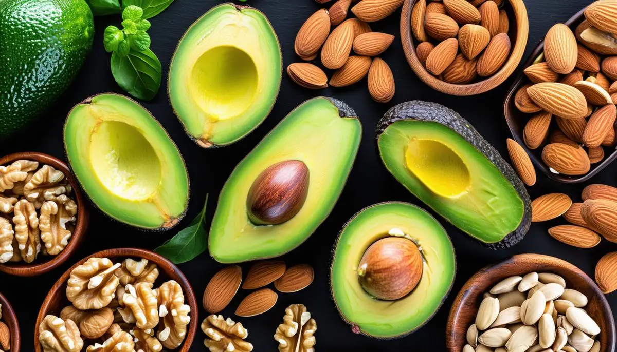 A display of foods rich in healthy fats that promote hair health, focusing on avocados, walnuts, and almonds