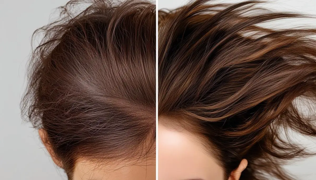 Side-by-side comparison of heat-damaged hair and healthy hair