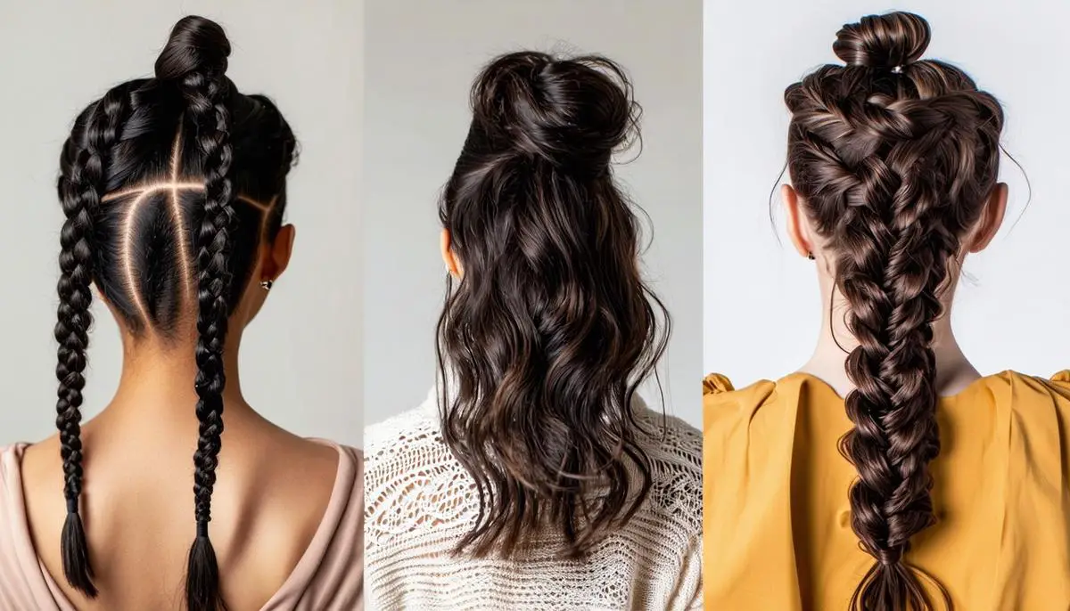 Collage of three heat-free hairstyles: braids, textured waves, and a loose bun