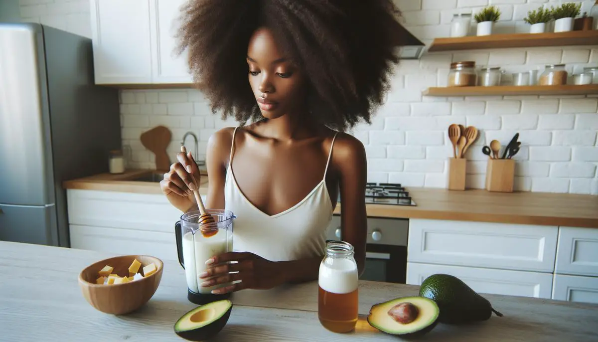 A woman blending ingredients to make a homemade deep conditioner in her kitchen