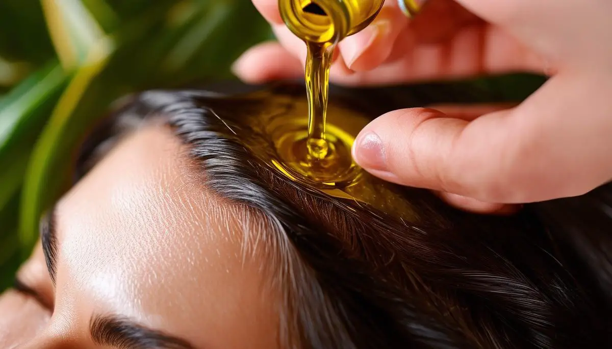 A close-up of jojoba oil being massaged into a person's scalp, showcasing its similarity to natural sebum