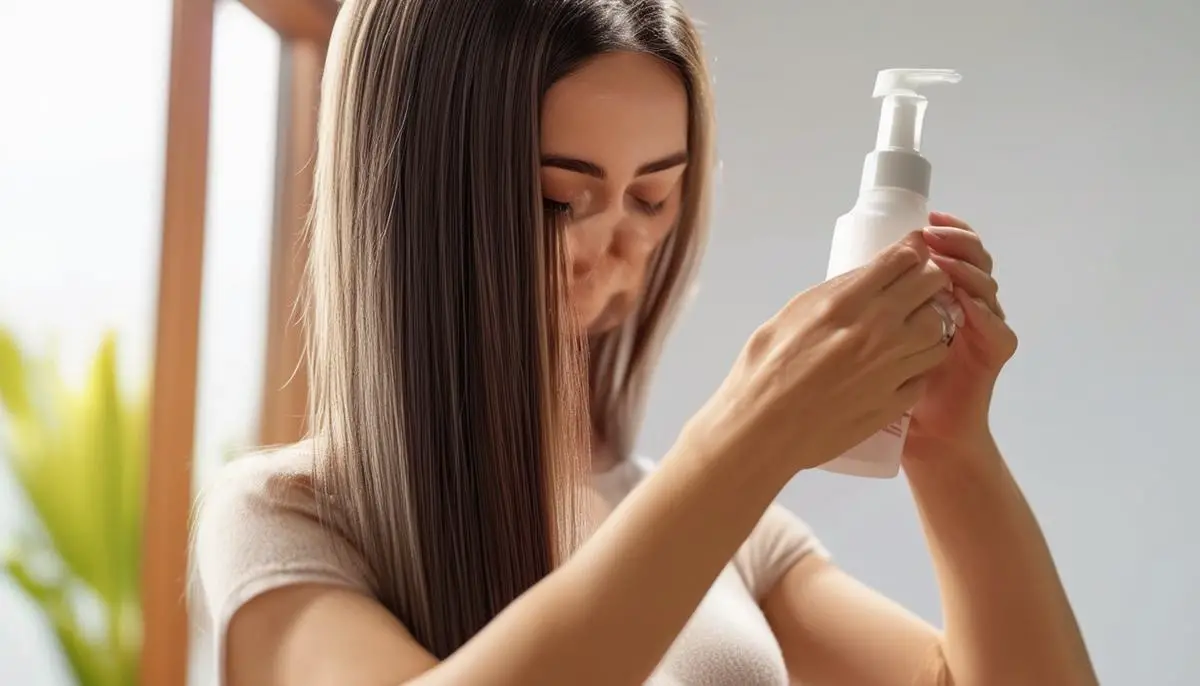 Woman applying leave-in conditioner to her long, straight hair