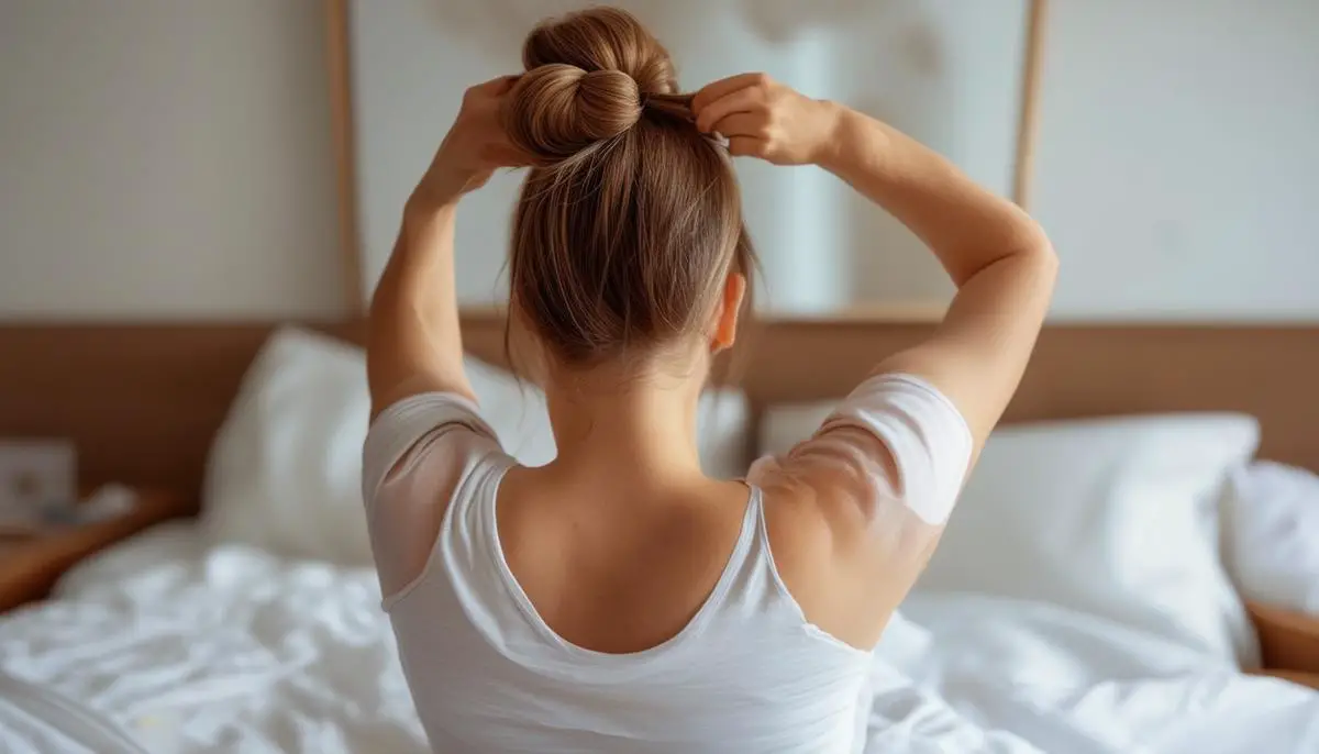 Woman creating a loose hair bun before bed