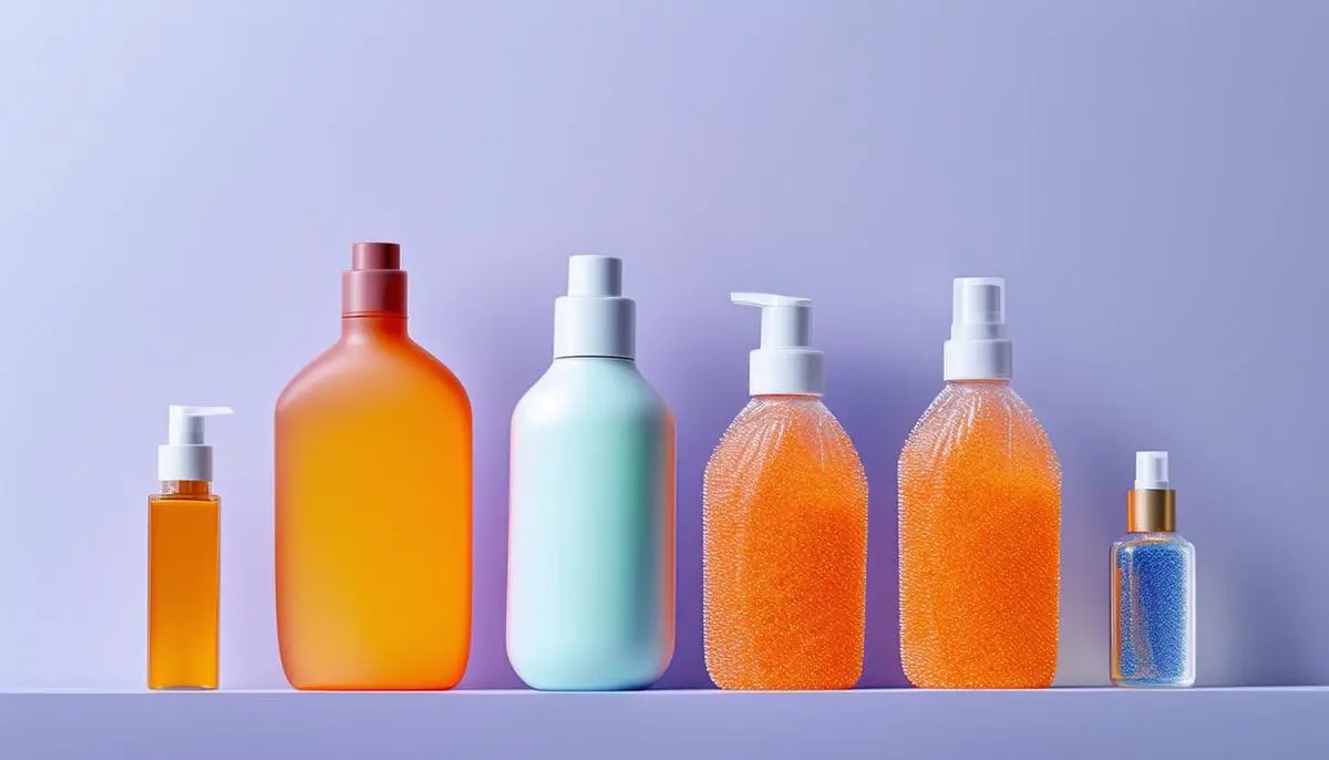 Various hair care products with visible microplastic particles highlighted