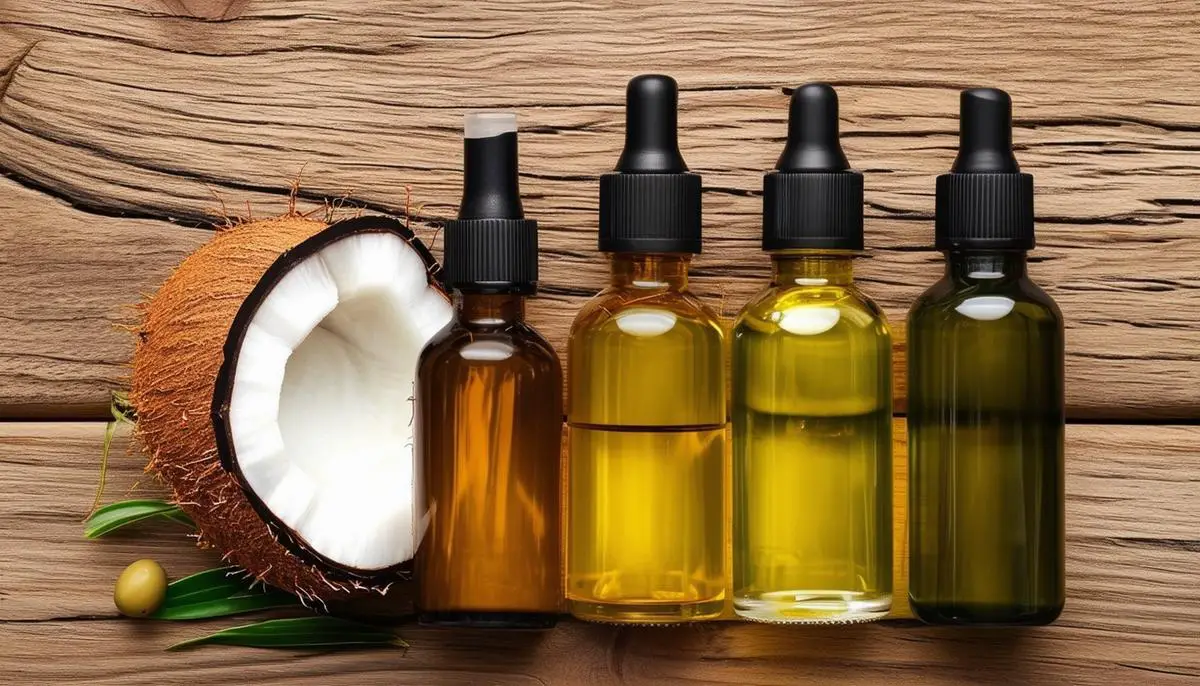 A variety of natural hair oils including coconut, argan, and olive oil displayed on a wooden surface