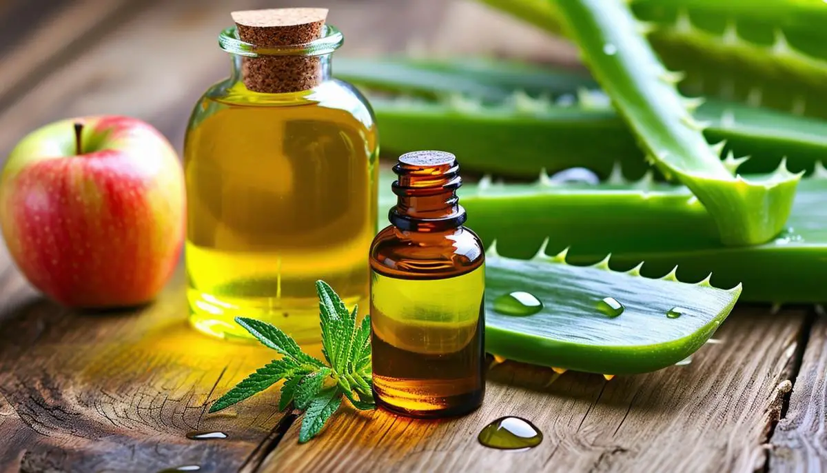 Natural ingredients for oily hair remedies including tea tree oil, aloe vera gel, and apple cider vinegar