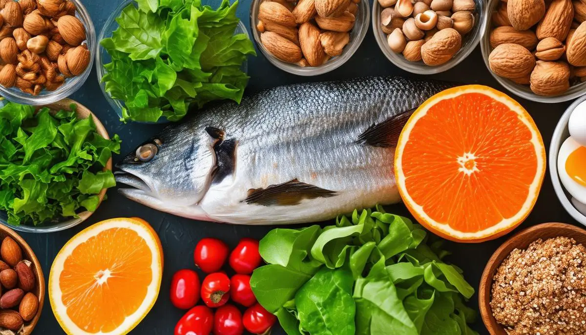 A colorful array of foods known to promote hair health, including nuts, fish, eggs, and leafy greens