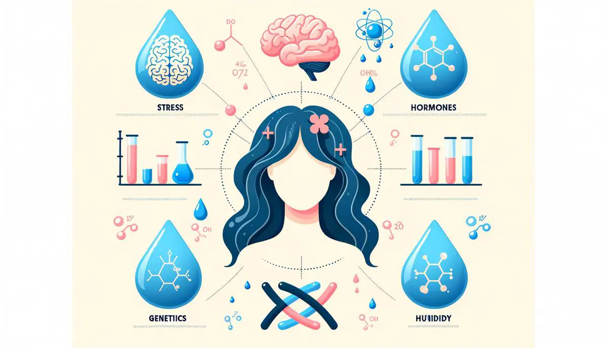 An illustrative infographic showing factors contributing to oily hair, including stress, hormones, genetics, and humidity