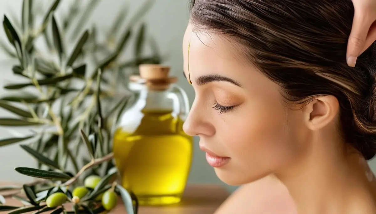 A woman applying warm olive oil to her hair, with olive branches and a bottle of olive oil nearby