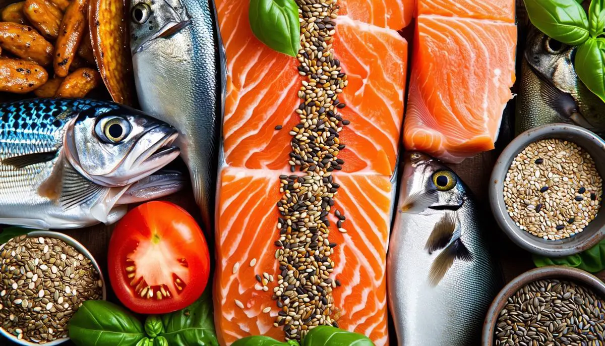 A selection of foods high in omega-3 fatty acids, including salmon, mackerel, chia seeds, and flaxseeds, arranged to showcase their importance for hair health