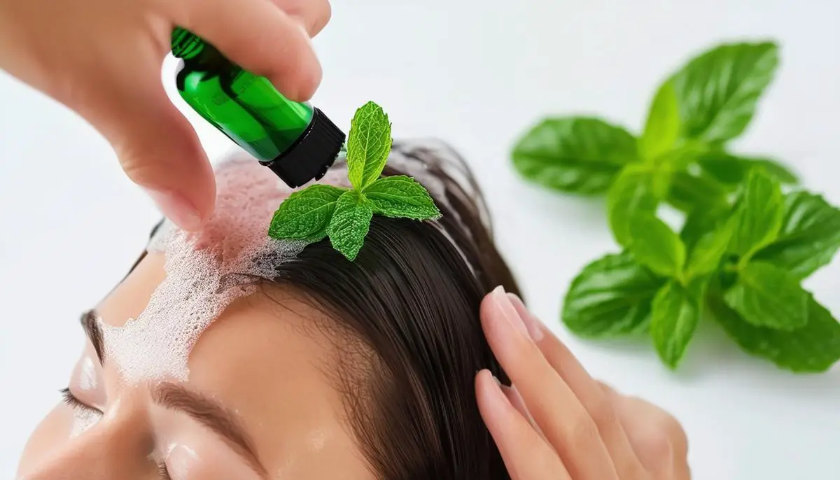 A person applying diluted peppermint oil to their scalp, with fresh peppermint leaves nearby