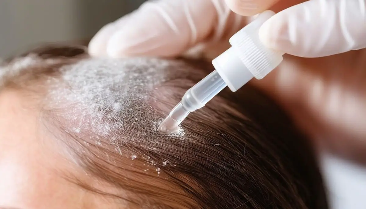 A person applying minoxidil solution to their scalp using a dropper