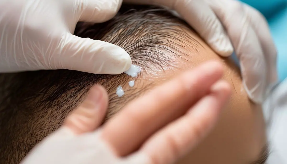 Close-up of hands applying a topical steroid treatment to a scalp