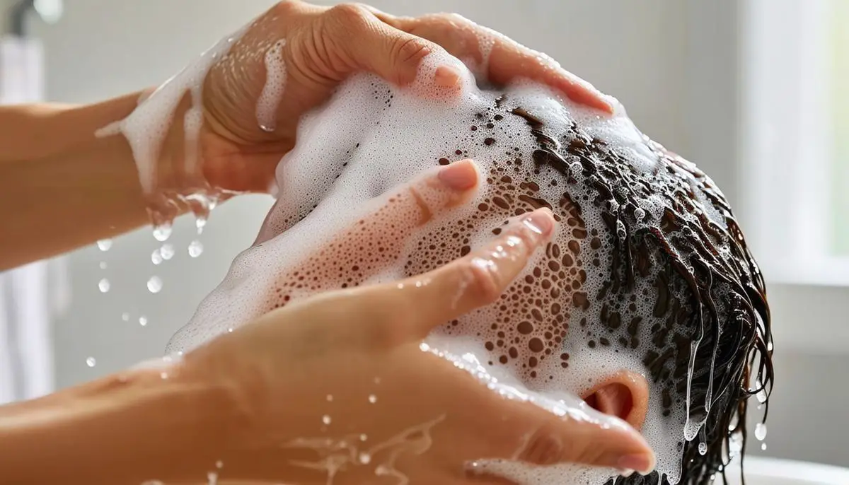 A person demonstrating proper hair washing technique, focusing on the scalp