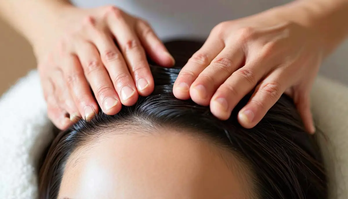 A person demonstrating proper scalp massage technique using their fingertips